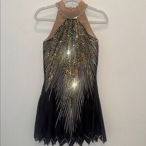Black and Gold Halter Figure Skating Dress.